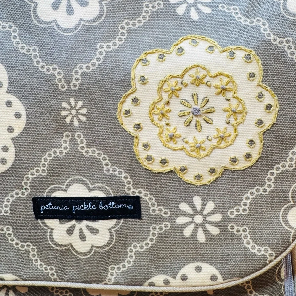 Petunia Pickle Bottom diaper bag Gray and Cream with Vintage Medallion Pattern